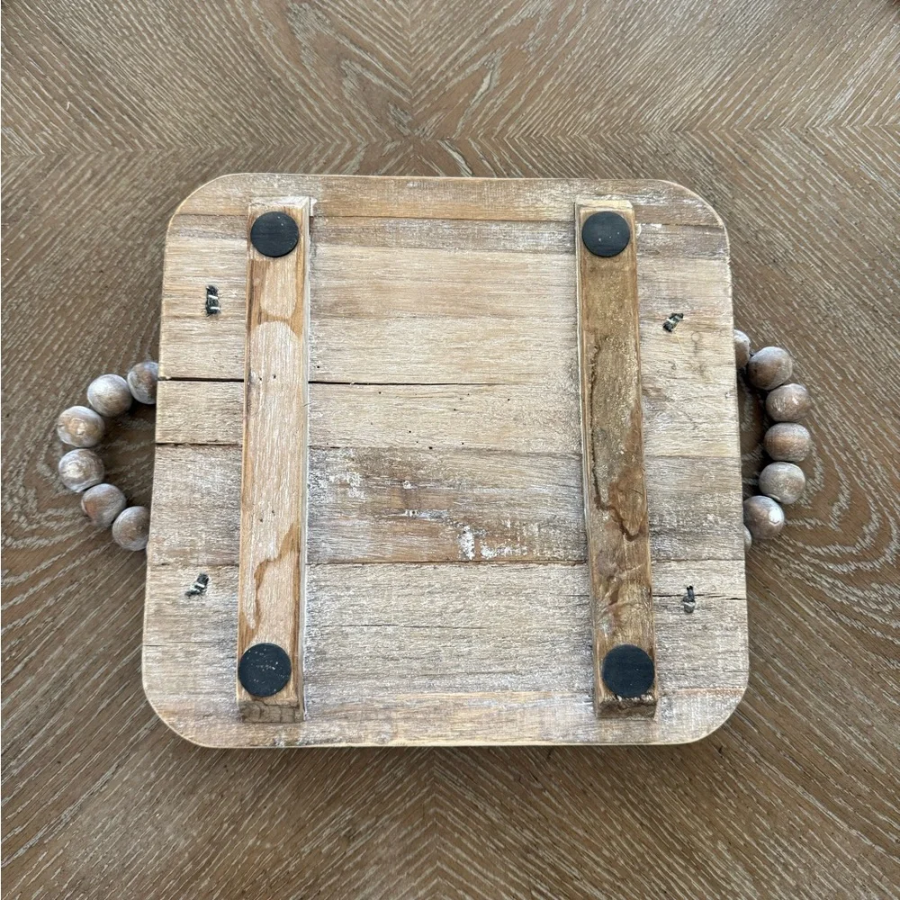 Natural Wood Decorative Tray with Beaded Handles